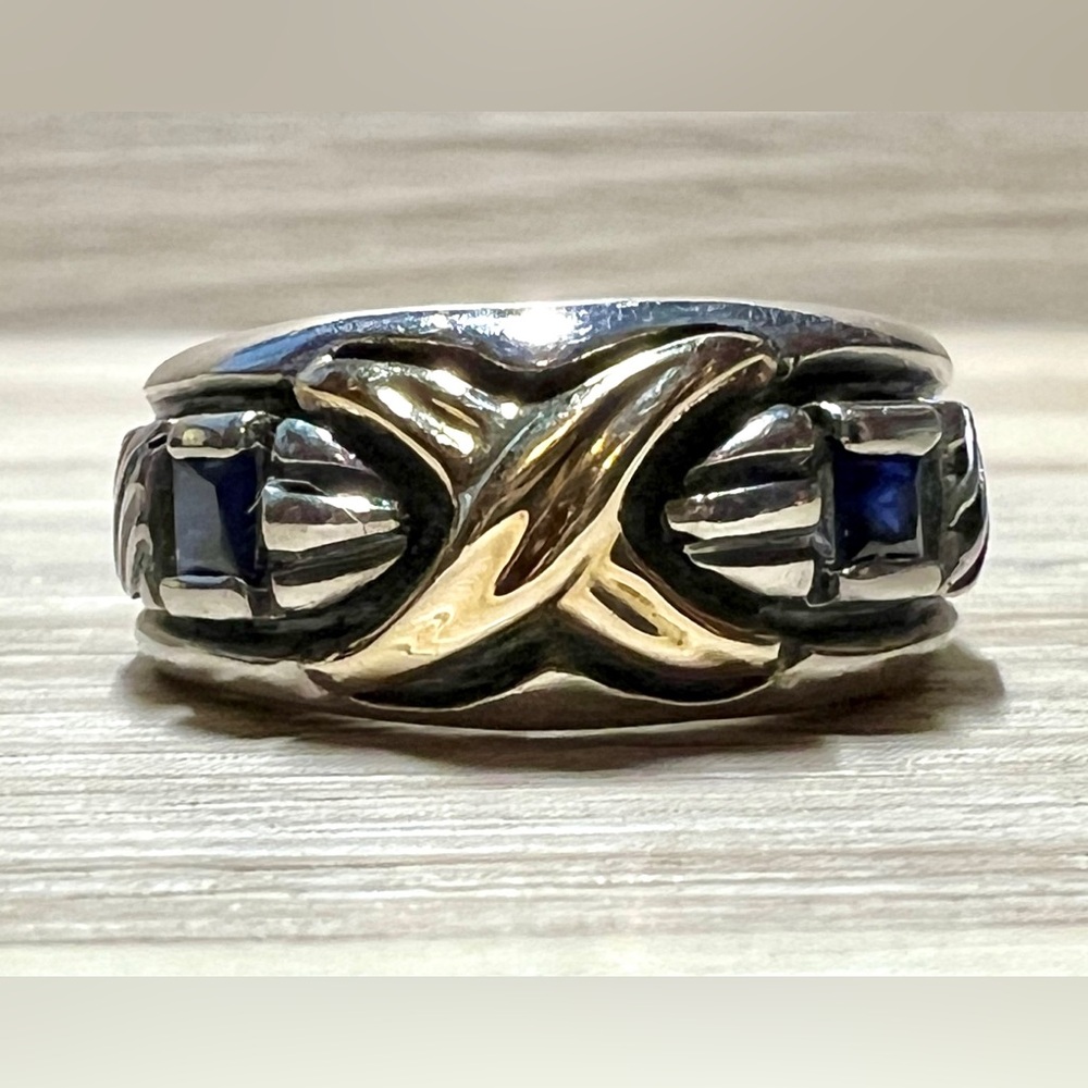 Designer Signed AZ Sterling Silver & 18k Yellow Gold Sapphire Ring, Size 6.5 - Picture 2 of 12
